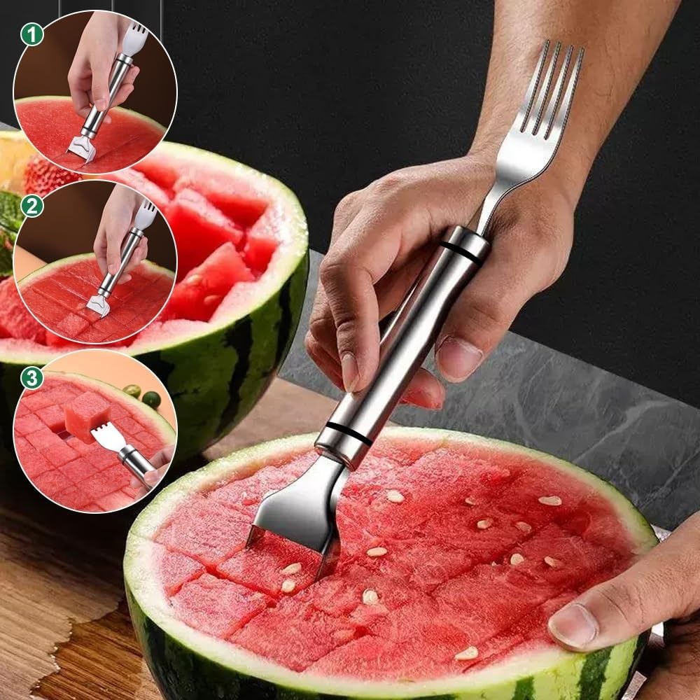 Kitchen Gadgets Vegetable Cutter - 2-in-1 Edelstahl Obstschneider Wassermelonen-Gabel-Schneider, Wassermelonen-Gabel-Schneider für